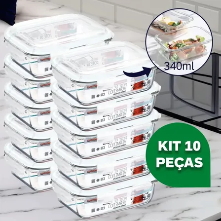 Kit 10 Potes Vidro Hermético 370ml Retangular 4 Travas Marmita Premium Homix Aleatório