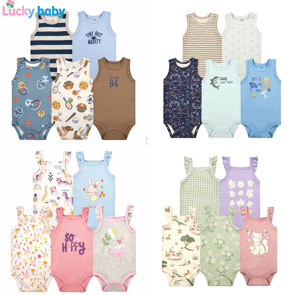 Lucky Baby Conjunto 5 Bodies Alcinha Bebê Menino e Menina 3–12 Meses – Estampas Fofas, Confortável e Durável para Brinca