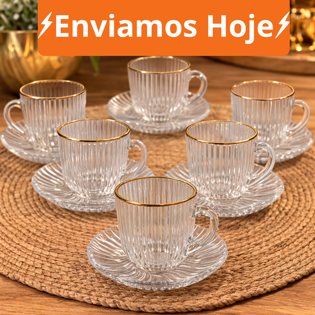 Jogo De Xicara De Luxo Vidro Com Borda Dourada + Pires Linha Hauskraft Premium 85ml