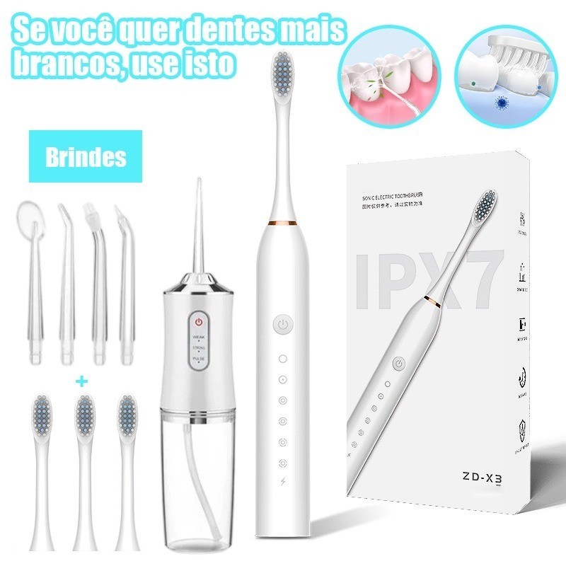Dental 2 em 1 Recarregável – Irrigador Bucal + Escova Elétrica Profissional Portátil
