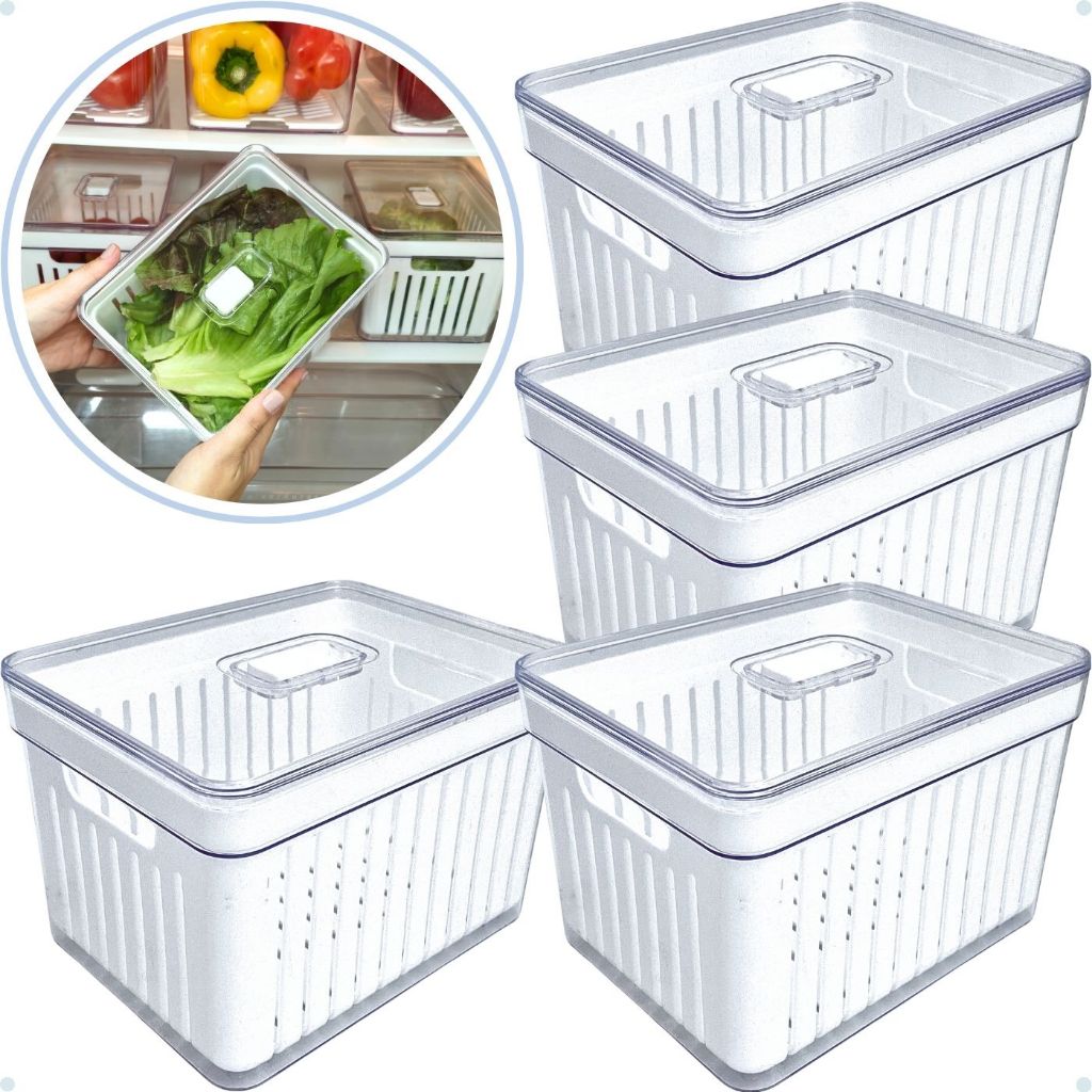 Kit 2 e 4 Organizadores de Geladeira 3,8,  2,8, 1,9 e 1,4 Litros Cesto com Tampa Multiuso Alimento Verdura e Vegetal