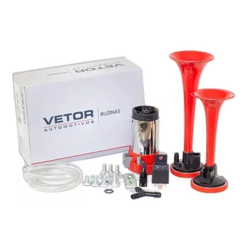 Buzina 2 Cornetas Ar 12v Universal + Compressor E Mangueira Carros Motos Caminhões Lanchas VT042