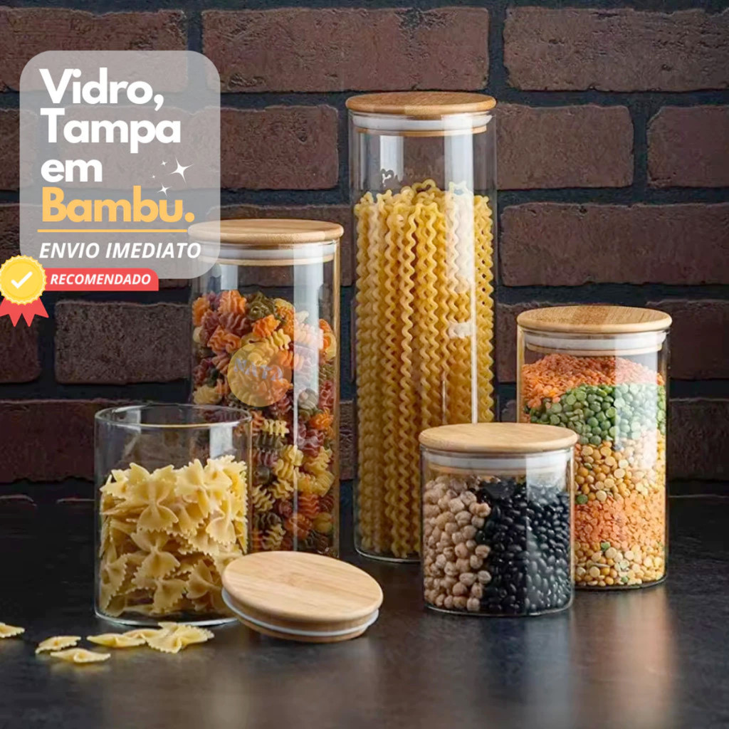 Kit Com 5 Potes Vidro Com Tampa Bambu Super Vedação hermético Conjunto porta mantimento