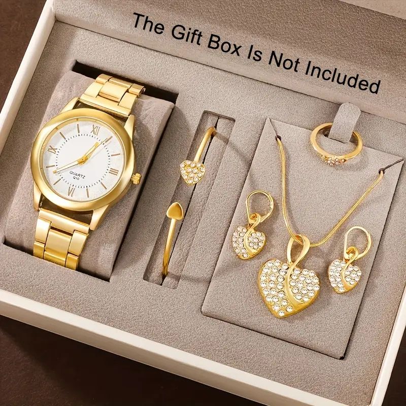 Conjunto De 6 Peças De Relógios De Quartzo Femininos , Mostrador Romano Simples , Joias De Coração De Strass De Luxo