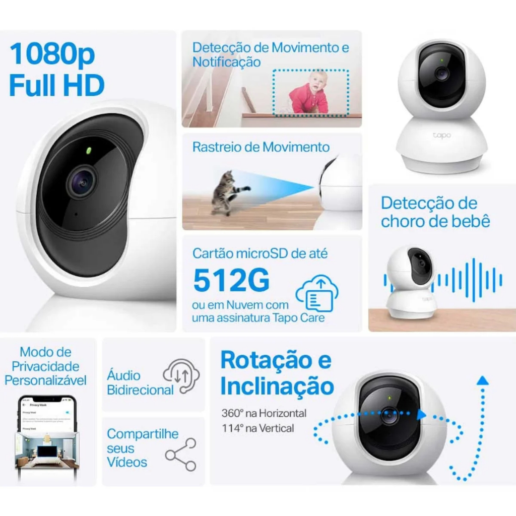 Baba Eletrônica Visão Noturna Camera de Segurança Residencial 1080p com Wi-Fi Tc7- e Pam/Tilt  360º TP LINK