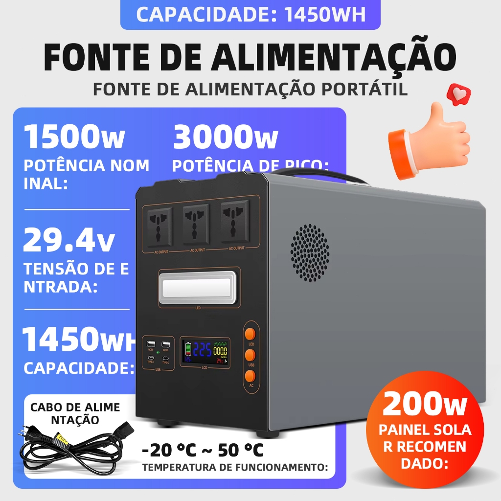 Estação de Energia Portátil 1500W - Saída Dual 110V USB-C Rápido e LED, 600W-1500W