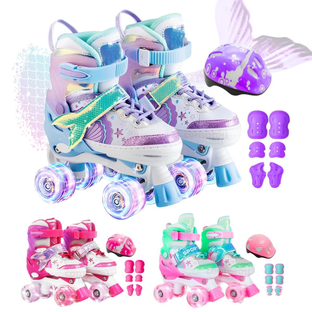 Patins Sereia Ajustável Infantil 4 Rodas Kit Proteção Rodinha Com Led
