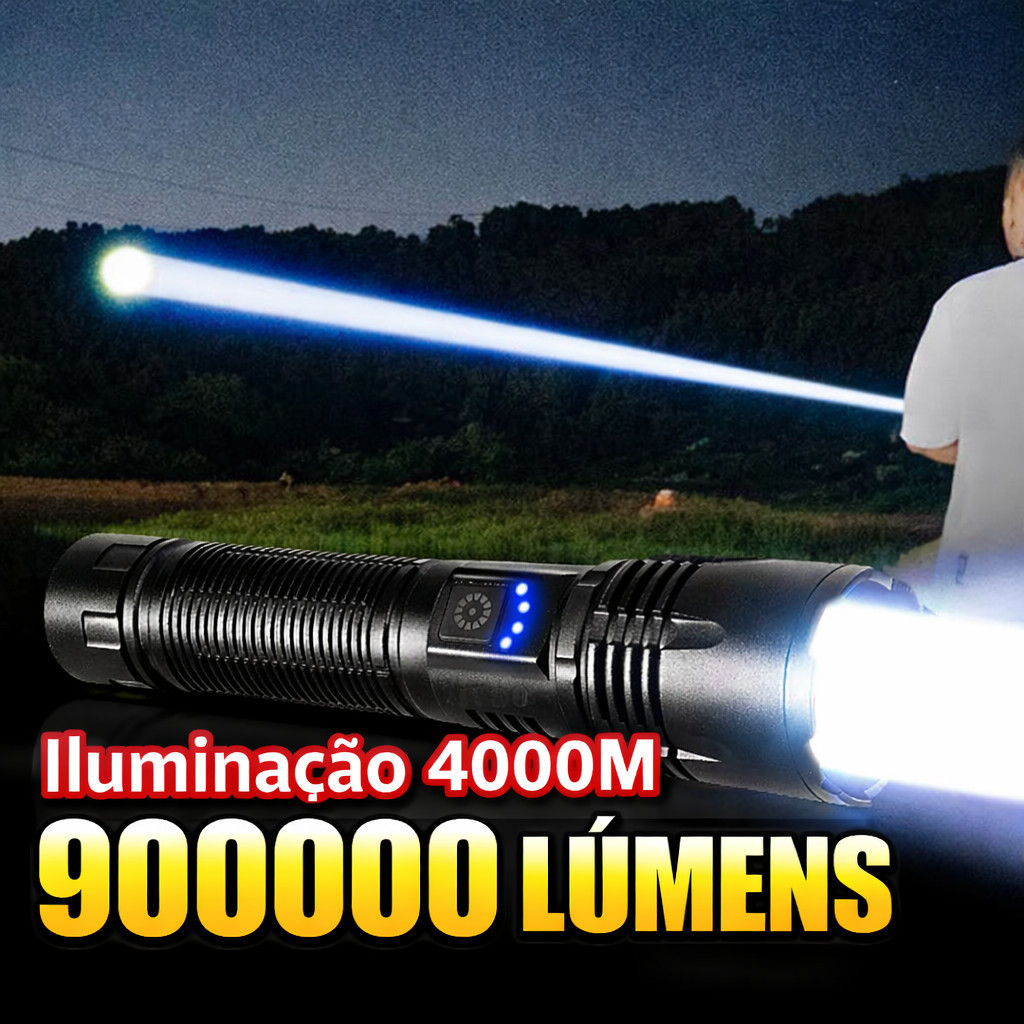 Lanterna led de luz forte, 9000000lm, portátil, recarregável, bateria embutida lanterna tática de longo alcance externas