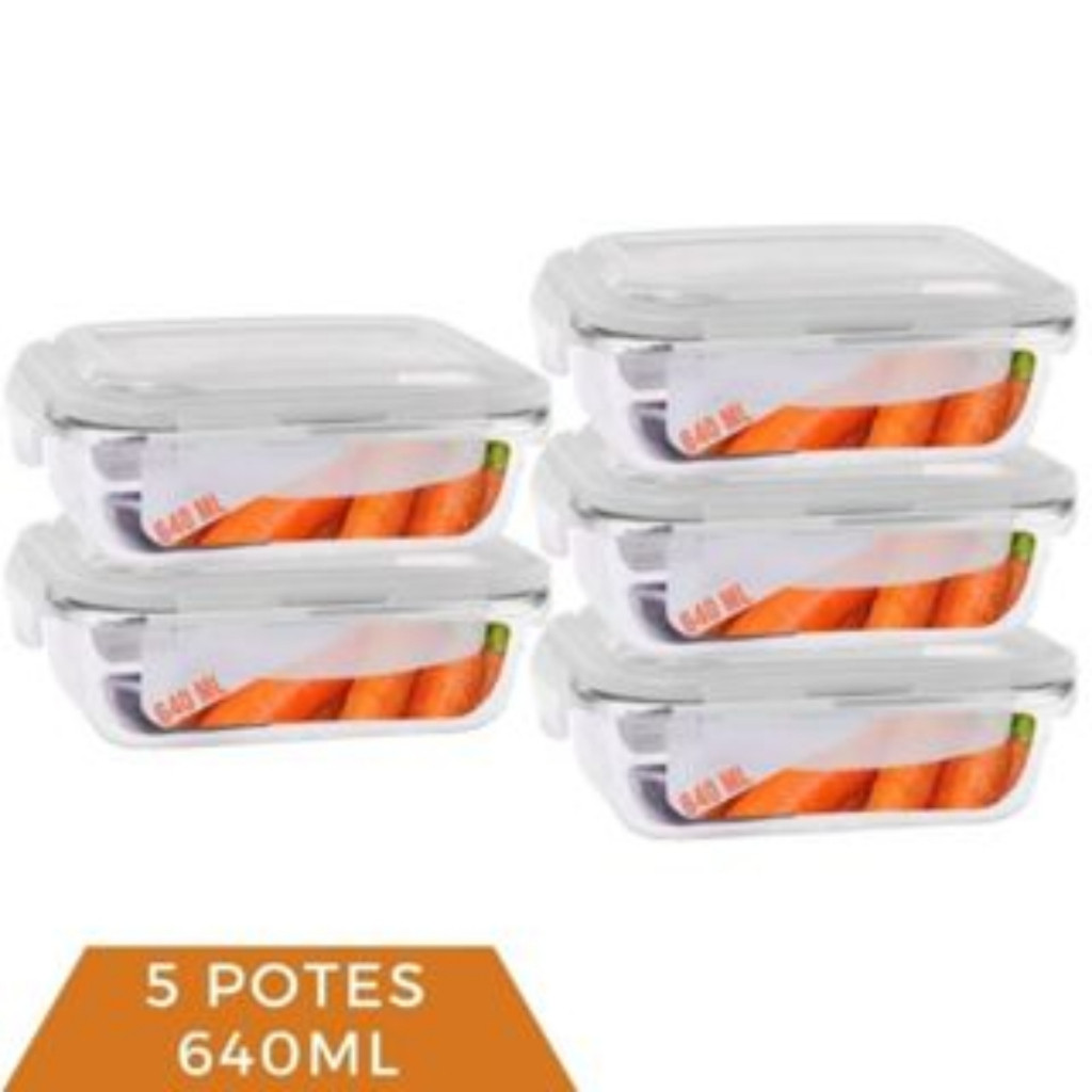 Kit com 5 Potes de Vidro Retangular Hermético 640ml Marmita