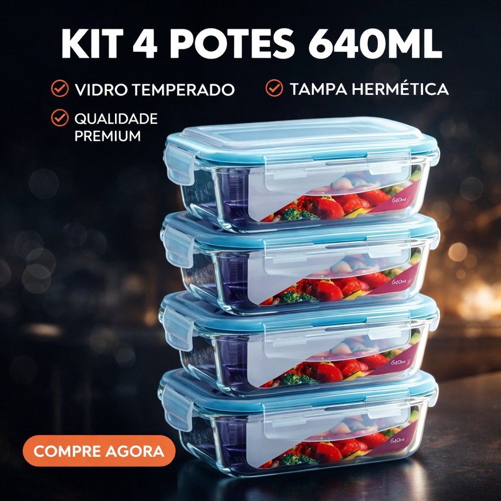 Kit 4 Pote Marmita Vidro Hermético 640 ML