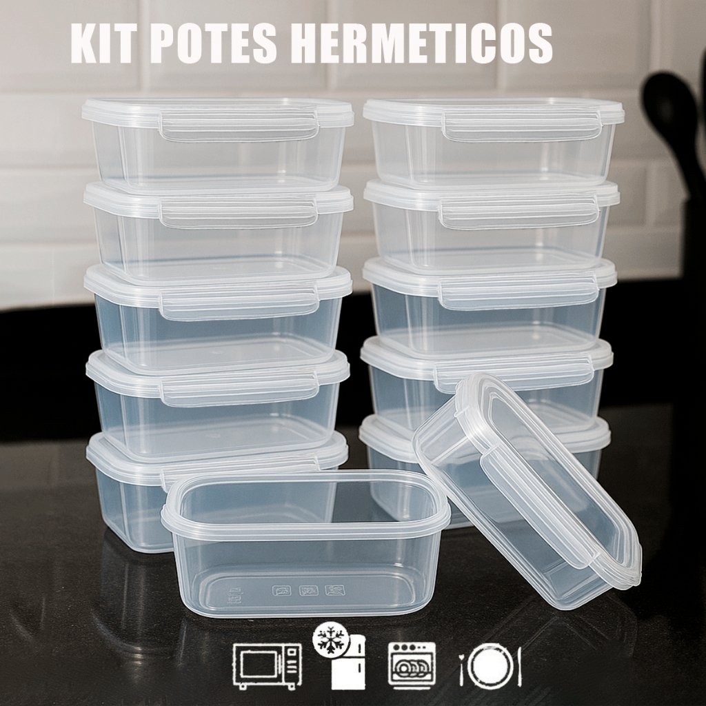 Kit Potes Marmita 750 ml Hermético de Plástico com Trava Micro-ondas e Freezer