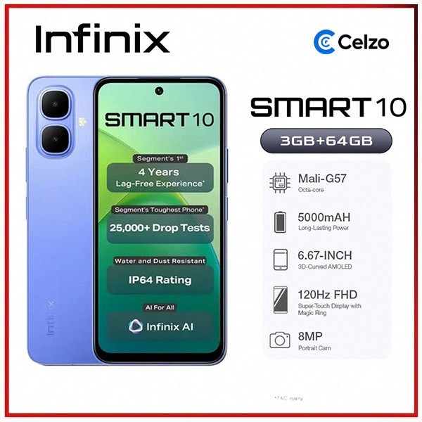 Infinix Smart 10 4G Smartphone 6,67" 120Hz Tela HD+ 4GB RAM /128GB Câmera 8MP Bateria 5000mAh IP64 Dual SIM Android