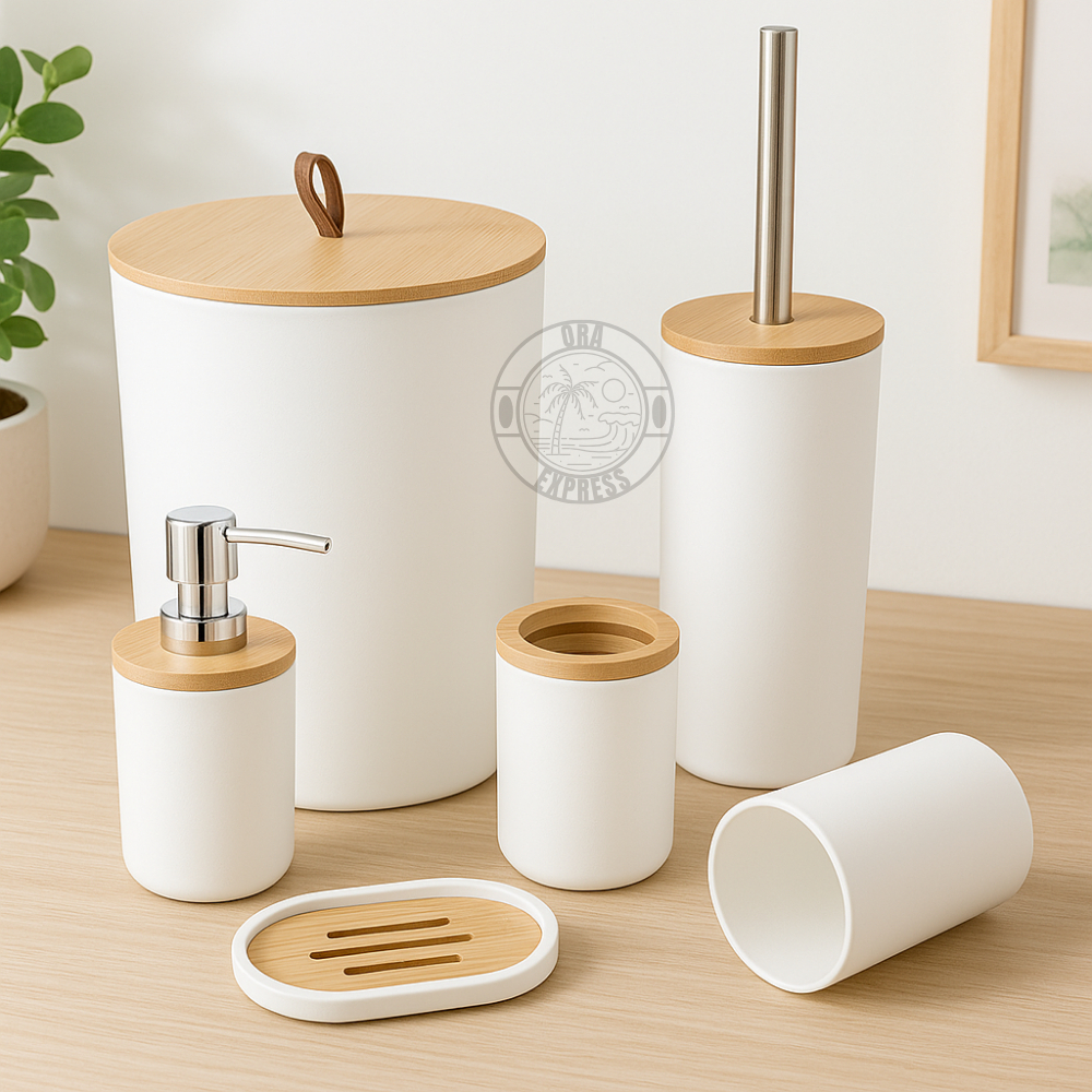 Kit Banheiro Conjunto Acessórios Higiene Lixeira Lavabo 6 Luxo Peças Tampa Bambu Escova Sanitária