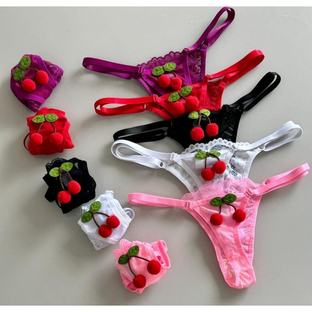 Kit 3 Calcinha Cerejinha Lingerie Renda com Tule  Cereja
