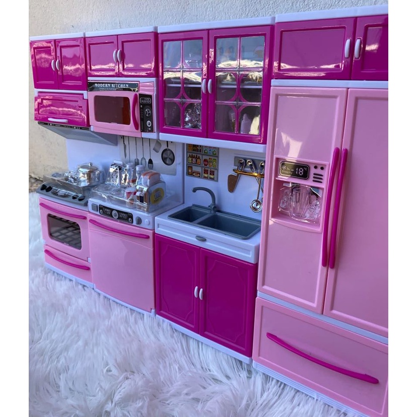 Cozinha Infantil Kit Geladeira Fogão Armarios Microondas E Utensilios Menina Encantada