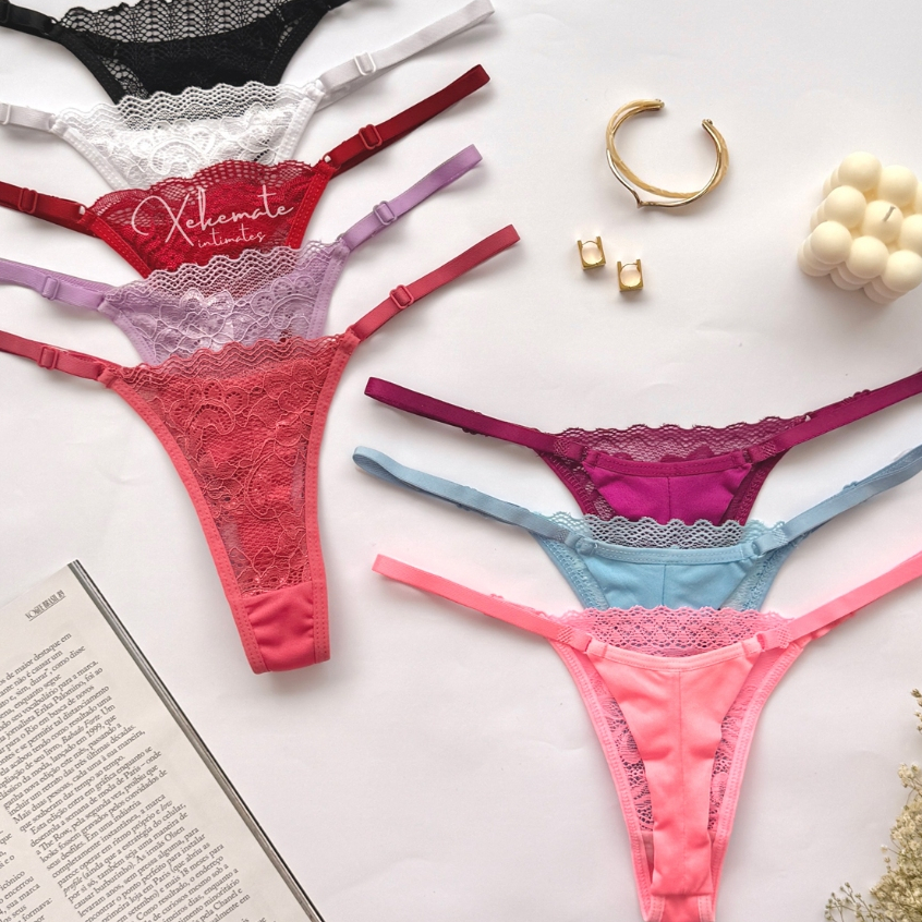 Kit 5 Calcinhas Renda e Microfibra Fio Duplo Alças Reguláveis String Lingerie Feminina Moda Intima