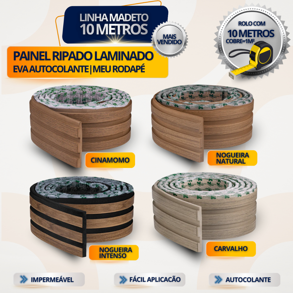 Painel Ripado Autocolante Madeto 4 Cores Rolo 10 metros Revestimento Decorativo Fácil Instalação