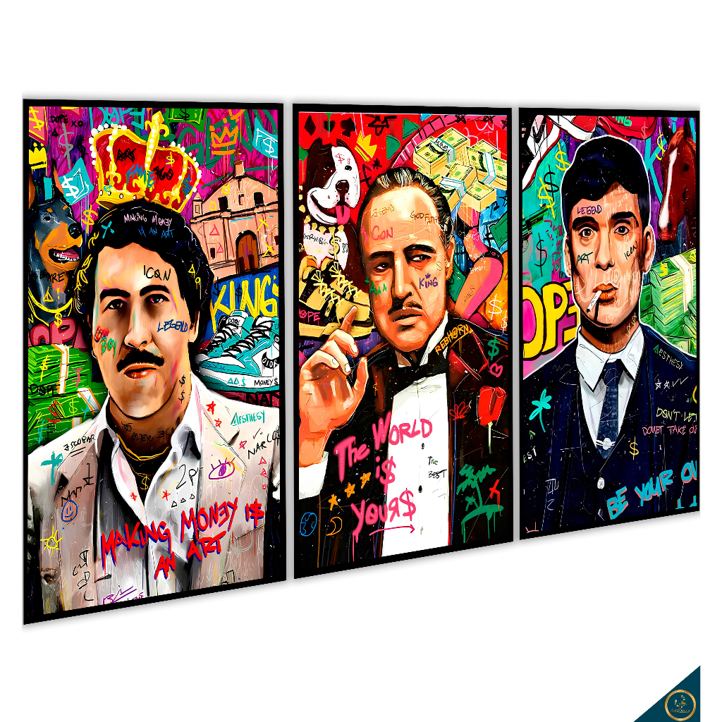Quadro decorativo 3 peças Peaky Blinders Pablo Escobar Poderoso chefão abstrato moderno decoração casa sala quarto hall