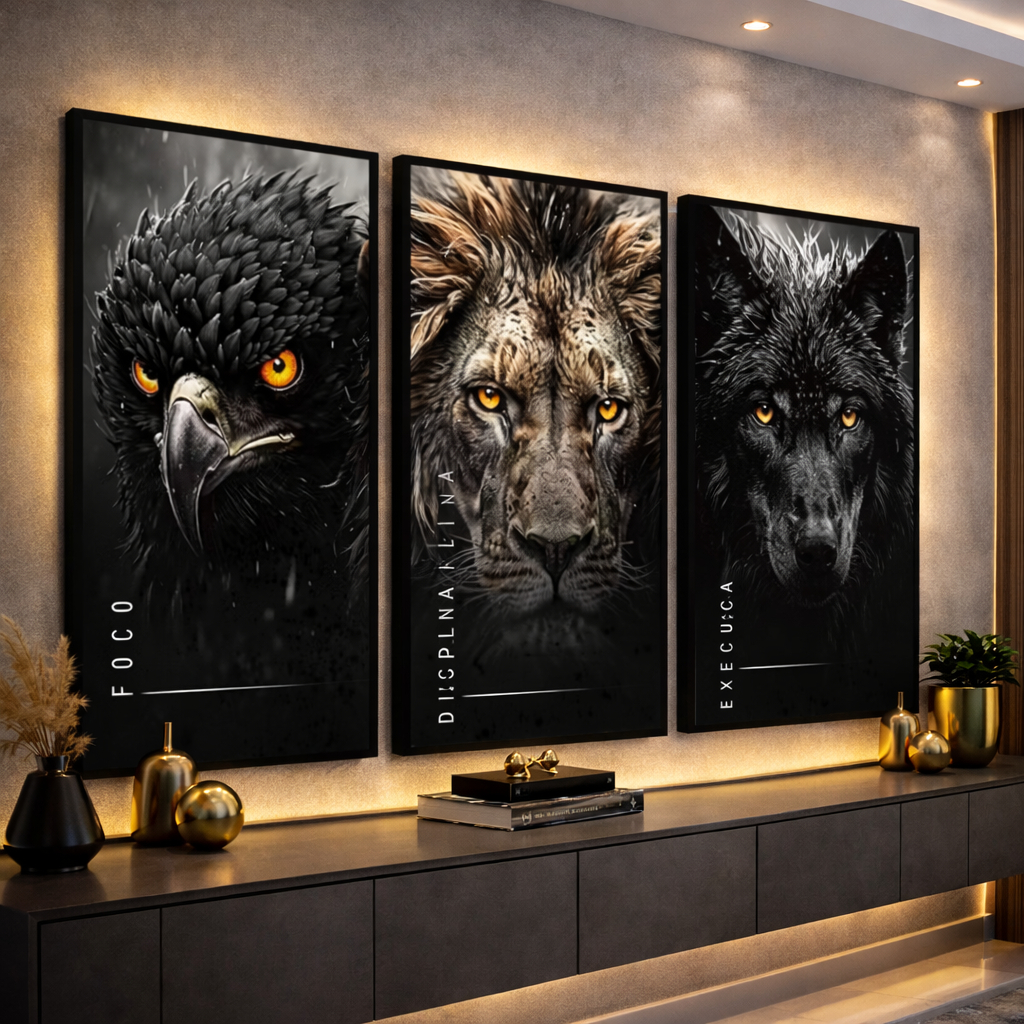 Quadros Decorativos Motivacional 122x60cm Mdf Leão Foco Disciplina Sala