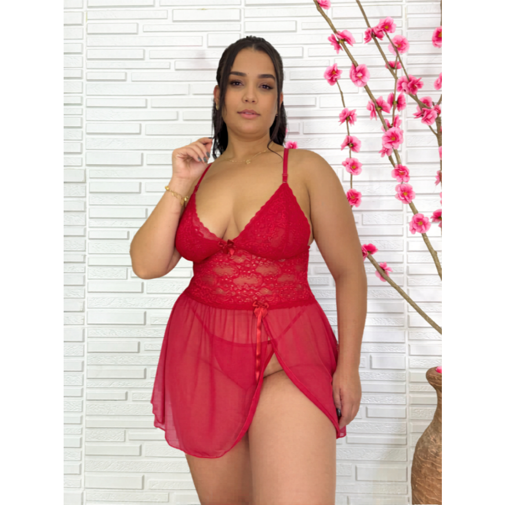 Camisola Plus Size Sexy Sensual em Tule e Renda com Calcinha Fio – Sem Bojo, Fenda Frontal