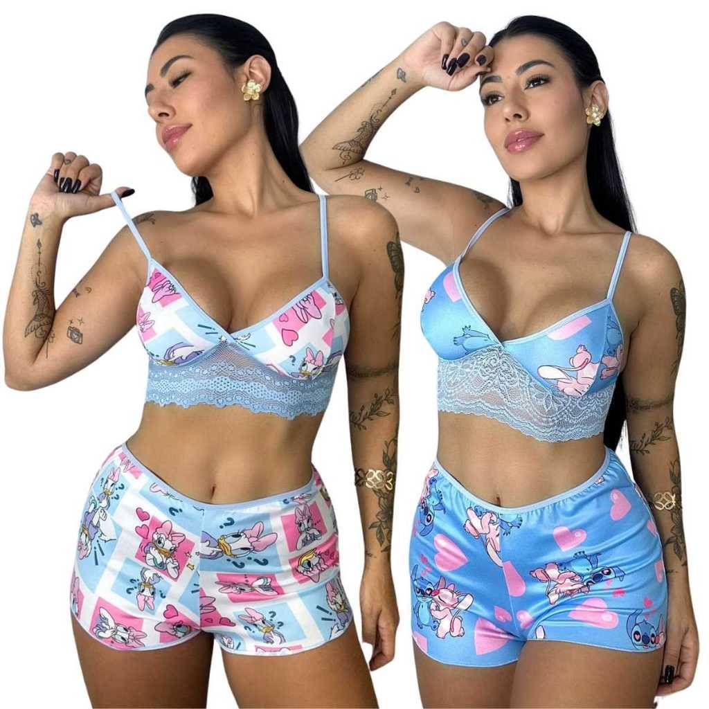 Kit 2 Short Doll Curto Pijama de Dormir Estampado Feminino Personagem com Alça