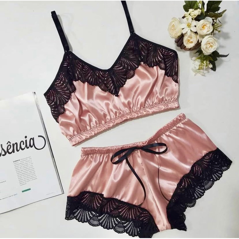 Baby Doll Feminino em Cetim com Renda – Conjunto Short Doll Sensual