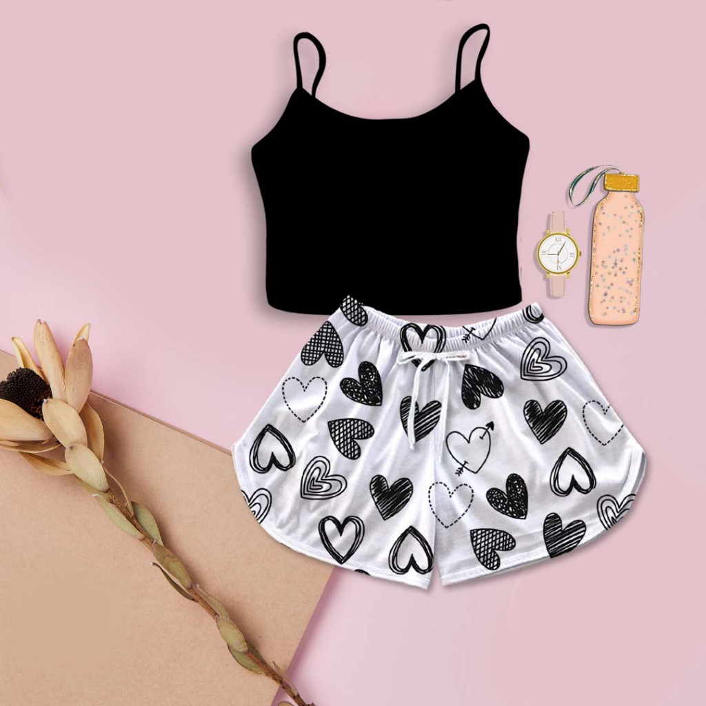 Conjunto Pijama Feminino Baby Doll Cropped Preto Amor All Black