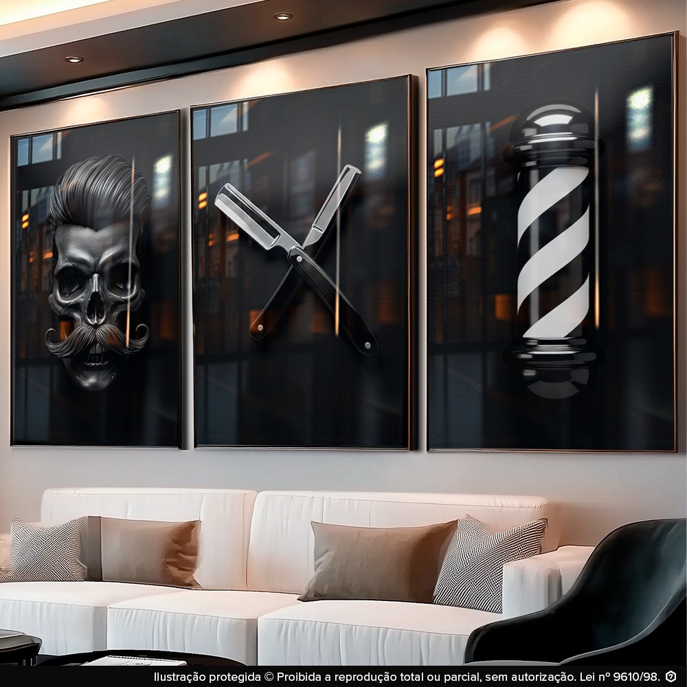 Quadros Decorativos Trio para Barbearia Cabelo Moderno Preto e Branco