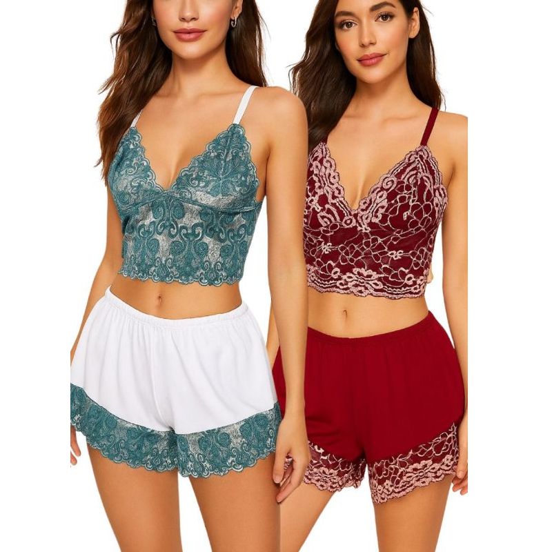 2 Baby Doll  de Renda Feminino Adulto Short  Toper de Renda Pijama Feminino em Renda Roupa de Dormir