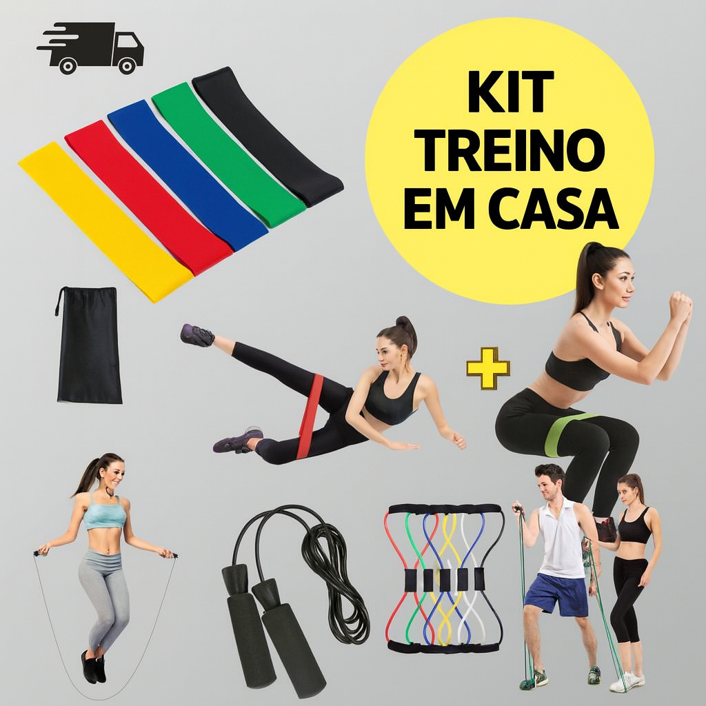 Kit Treino em Casa Corda de Pular + Kit 5 Faixas Mini Band + Elástico Extensor Cross Tube Treino