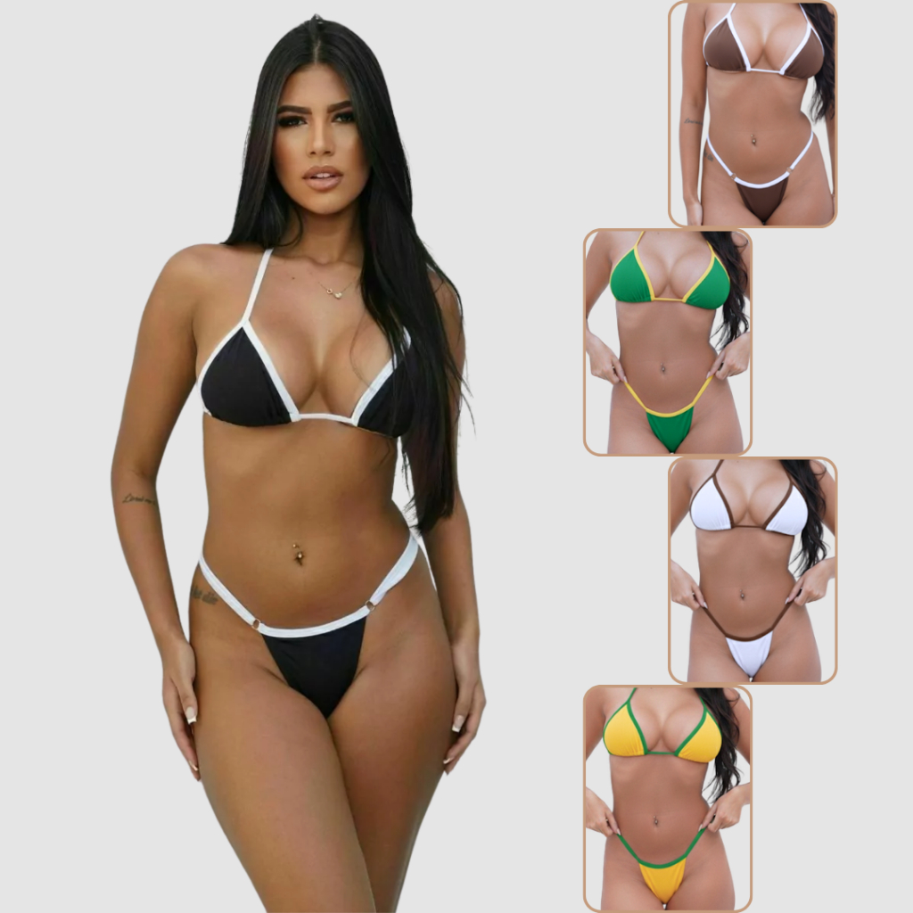 Biquíni Bicolor Fita Cortininha Marquinha Fio Dental Duas Cores Calcinha Regulável Moda Praia Bronze Sem Bojo