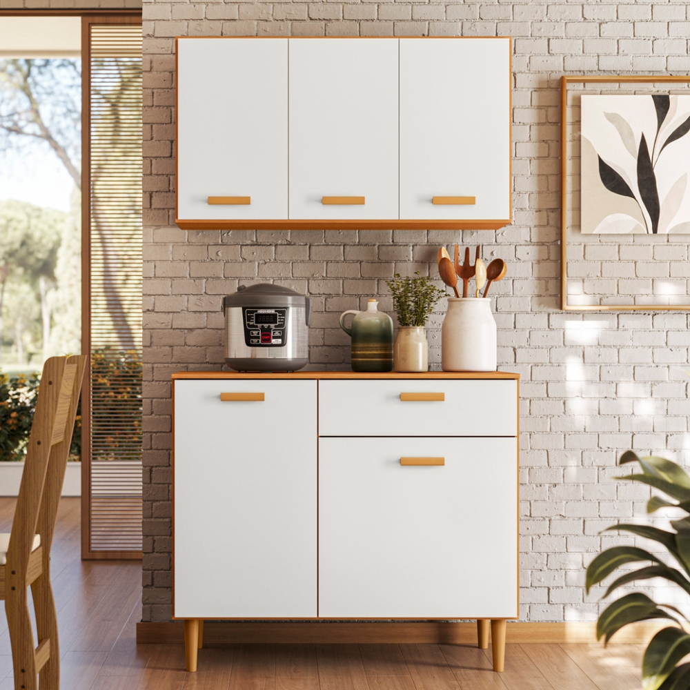 Kit Cozinha Ester Balcão 90 cm + Ármario Áereo 3 Portas Freijó/Off White - Poliman