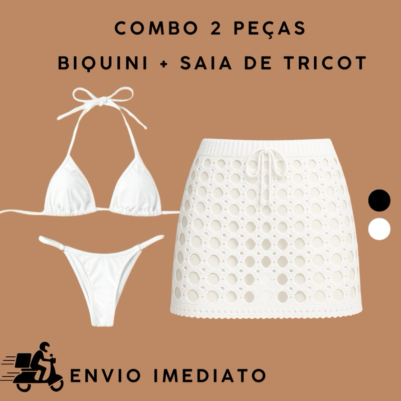 Biquíni Cortininha + Saia Tricot Conjunto Praia Feminino Verão