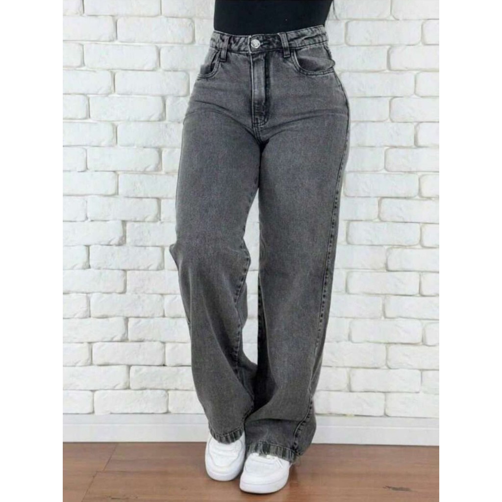 calça wid leg feminina Jeans Cintura Alta Cós Alto Lycra Grossa Rasgada Cinza Grafit Marmorizada