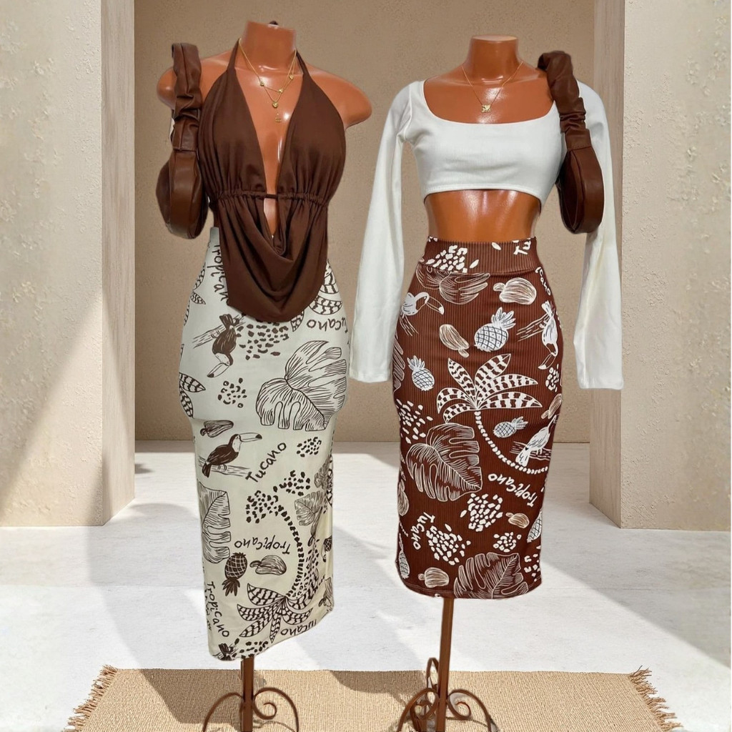 Saia Midi Feminina Estampa Tropical Tucano Coqueiro