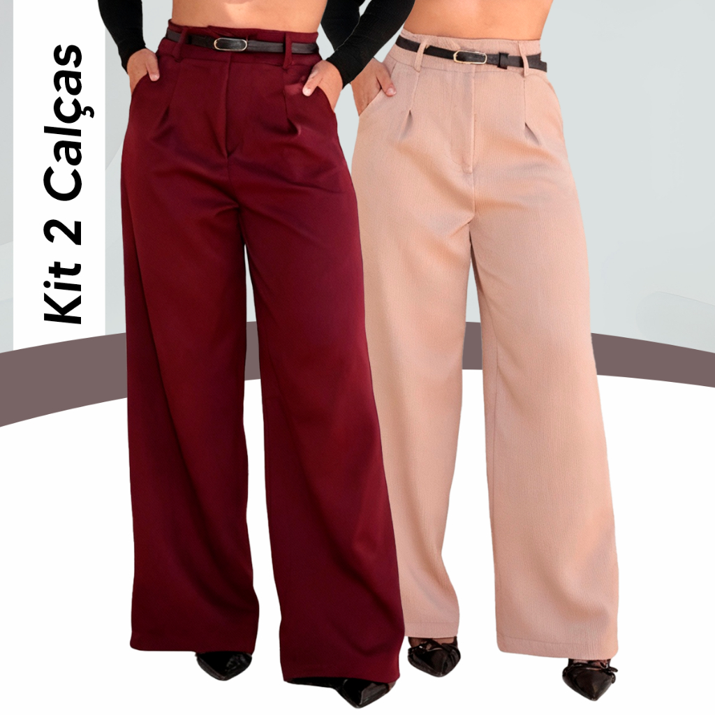 Kit 2 Calças Femininas Pantalona Sociais Alfaiataria Elegante com Cinto