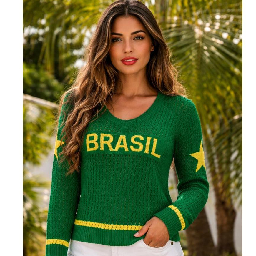 Blusa Feminina Crochê Tricot Brasil Manga Longa Copa do Mundo Gola V Suéter malha vazadinha Trico