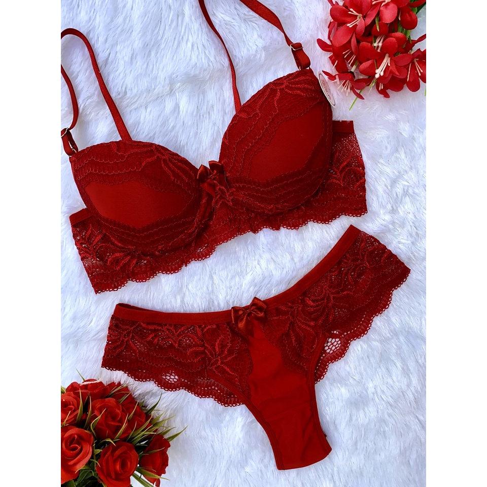 Conjunto com Bojo Bella Sutiã Calcinha Lingerie Fio Dental Sexy Sensual Renda