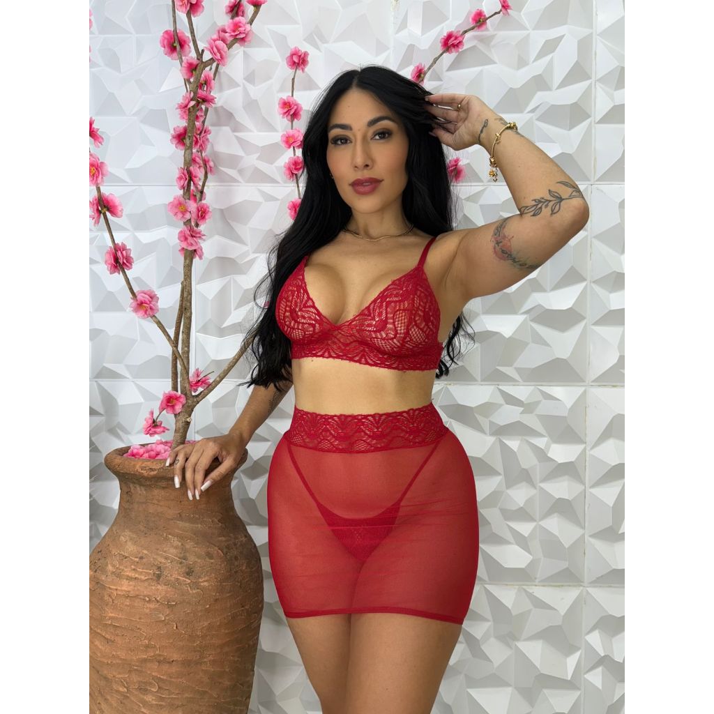 Conjunto de Renda e Tule Paixão Quente Sem Bojo Leve Confortável Noite Mulher Espera Marido