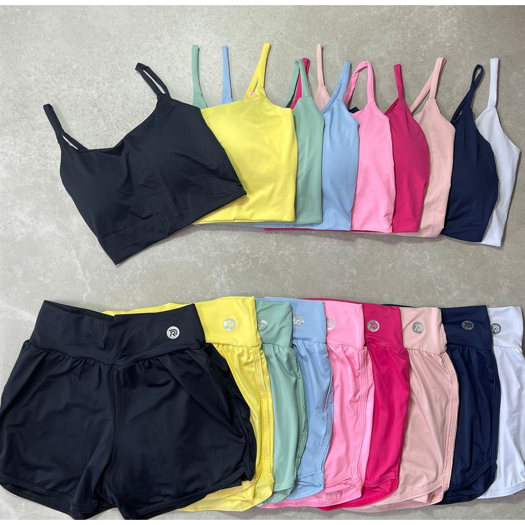 Conjunto Short Duplo Dryfit+Top Alcinha Com Bojo Poliamida Para Atividade Física No Geral Academia Corrida Treino
