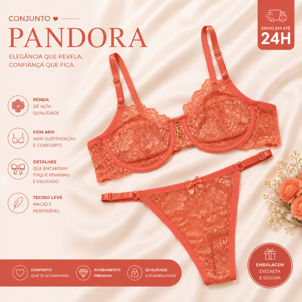 Conjunto Lingerie Pandora Renda Sutiã Com Aro Sem Bojo Calcinha Semi Fio Forro Algodão