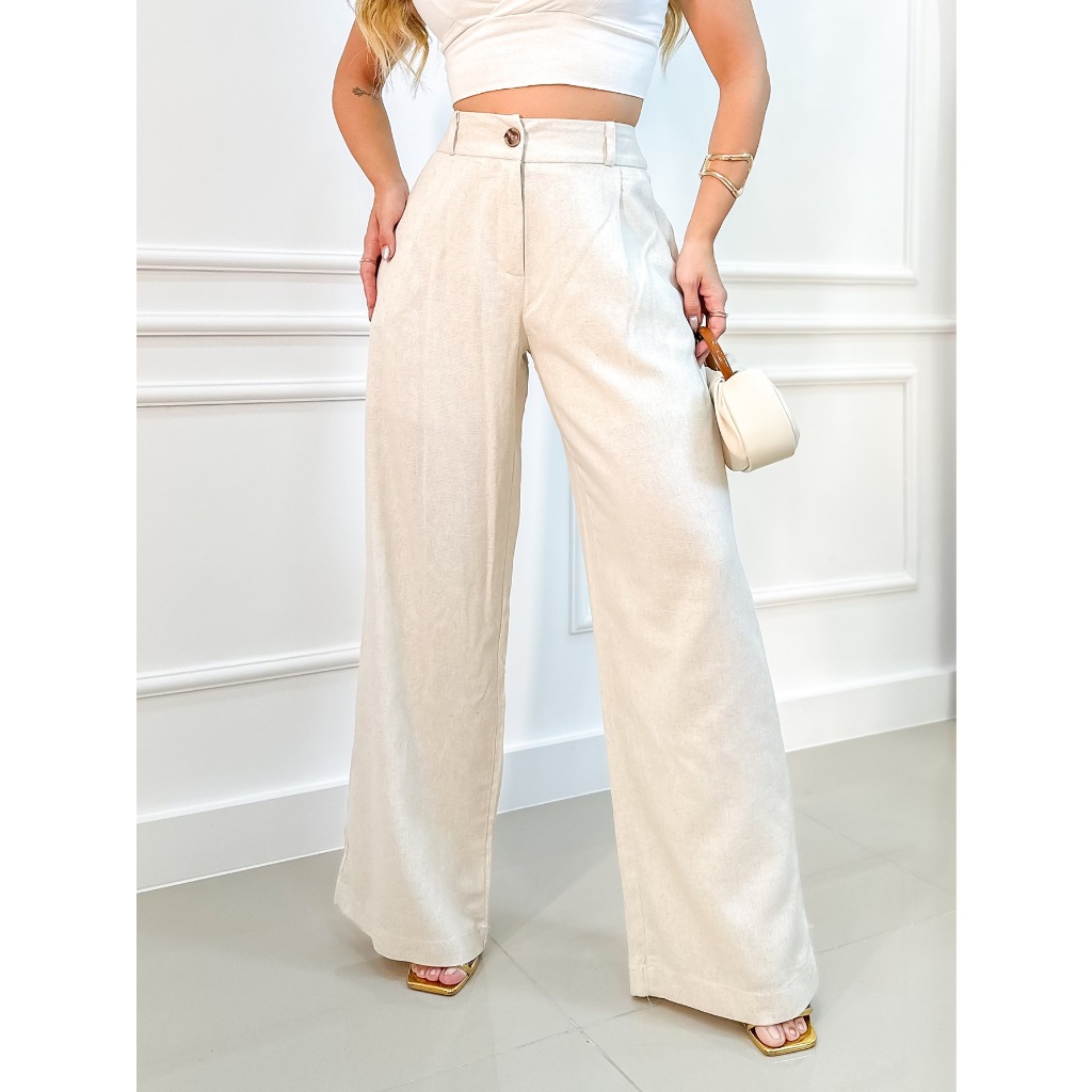 EMILI CALCA FEMININA LINHO PANTALONA FLUIR/CINTURA ALTA/ ZIPER E BOTÕES/ PANTALONA AMPLA NA PERNA.- #9377