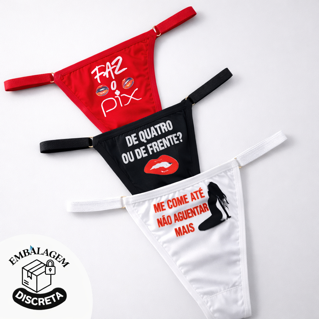 Kit 3 Calcinhas Frases Eróticas Sensual Regulagem Tamanho Único Fio Dental