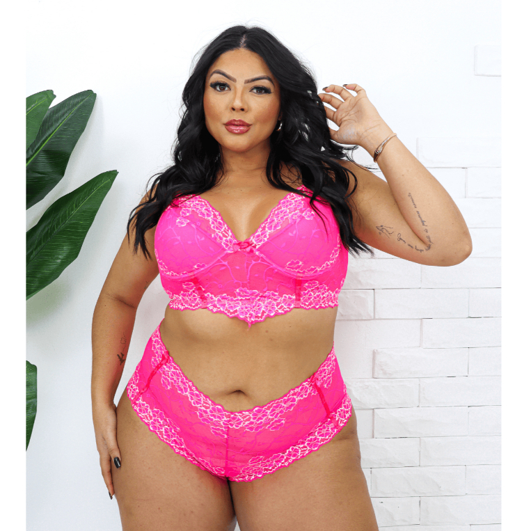 Conjunto Lingerie Plus com Alça Reforçada Croped e Caleçon Plus Size Sensual Moda