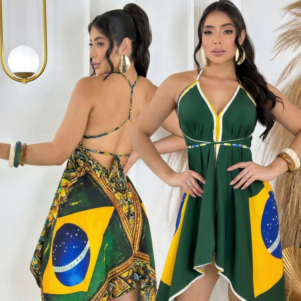 Vestido Feminino Brasil Copa 2026 Bandeira Frente Única Torcedora