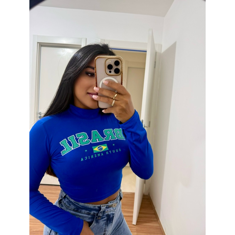 🔥 BLUSA BRASIL FEMININA MANGA LONGA – ESTILO TORCEDORA 🇧🇷