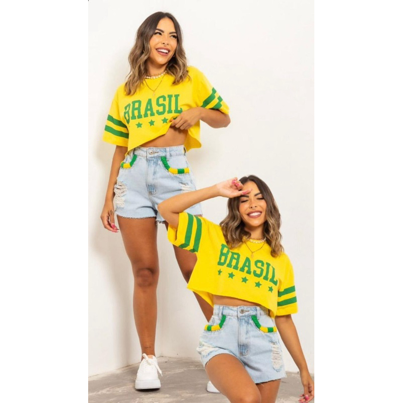 Cropped Over Brasil Copa Cores Verde Azul Amarelo Kit Com 2 Un