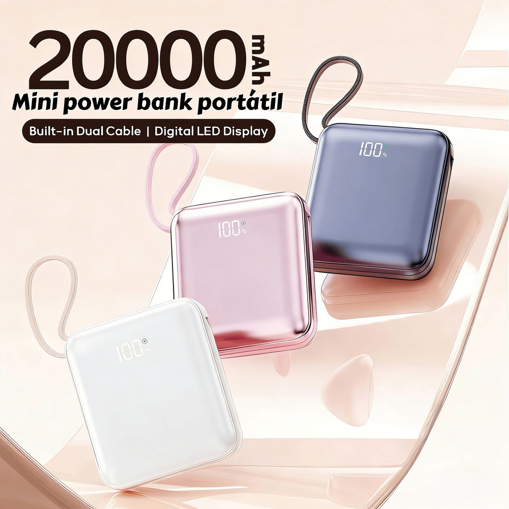 Mini power bank portátil 20.000 mAh com IOS e cabo Tipo C