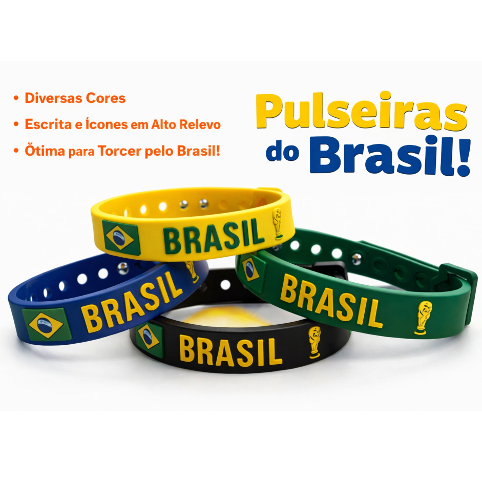 Kit Pulseiras Silicone Brasil Copa do Mundo feminina e Masculino Ajustável ao Pulso Torcedor Eleição