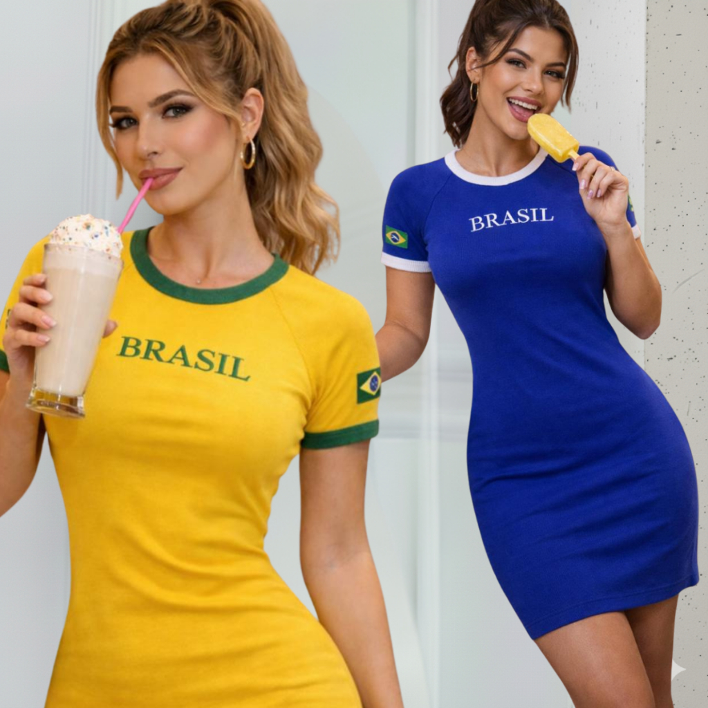 Vestido tubinho curto brasil t-shirt manga curta basica brazil copa do mundo 2026